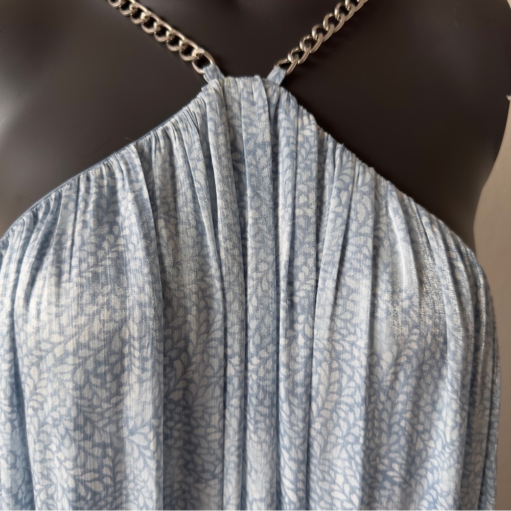 Blue Patterned Halter Dress with Chain Straps